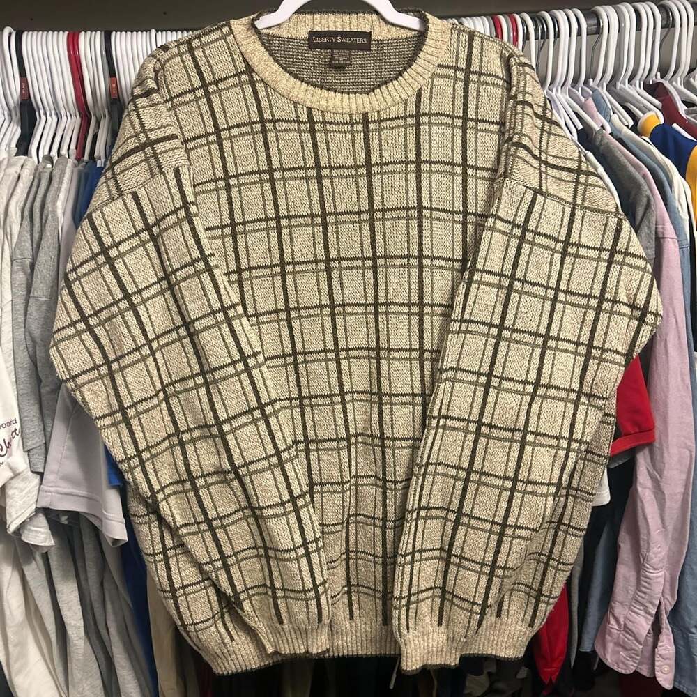 Vintage Liberty Sweaters Made in USA Plaid Checkered Knit Crewneck - Medium